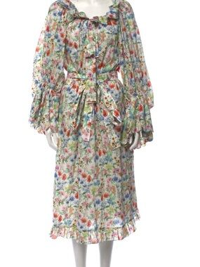 size large Horror Vacui Floral Peasant Midi Dress with Ruffled Neckline